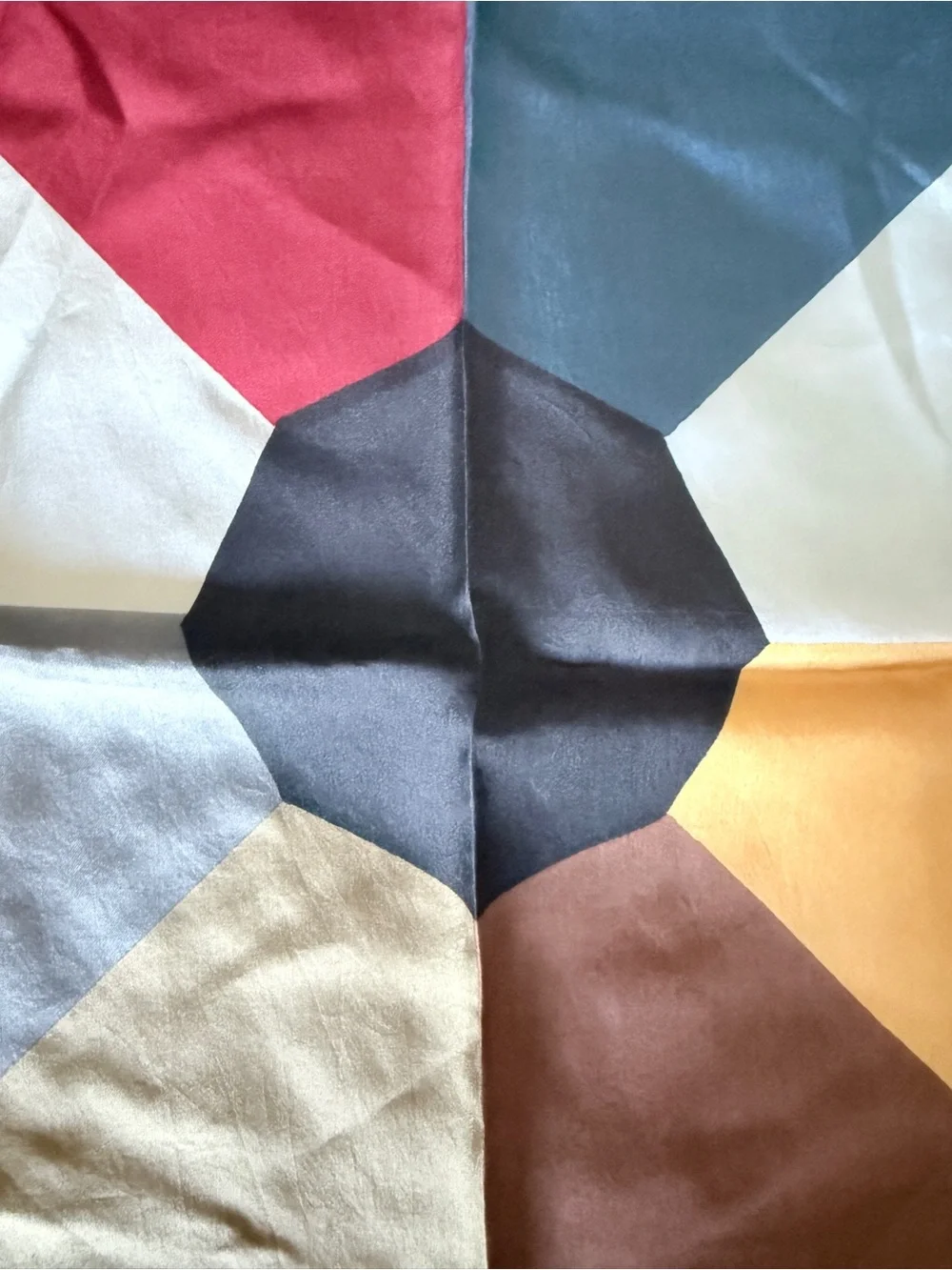 Geometric Colorblock Silk Scarf in Mustard, Brown, Blue, Red and Gray